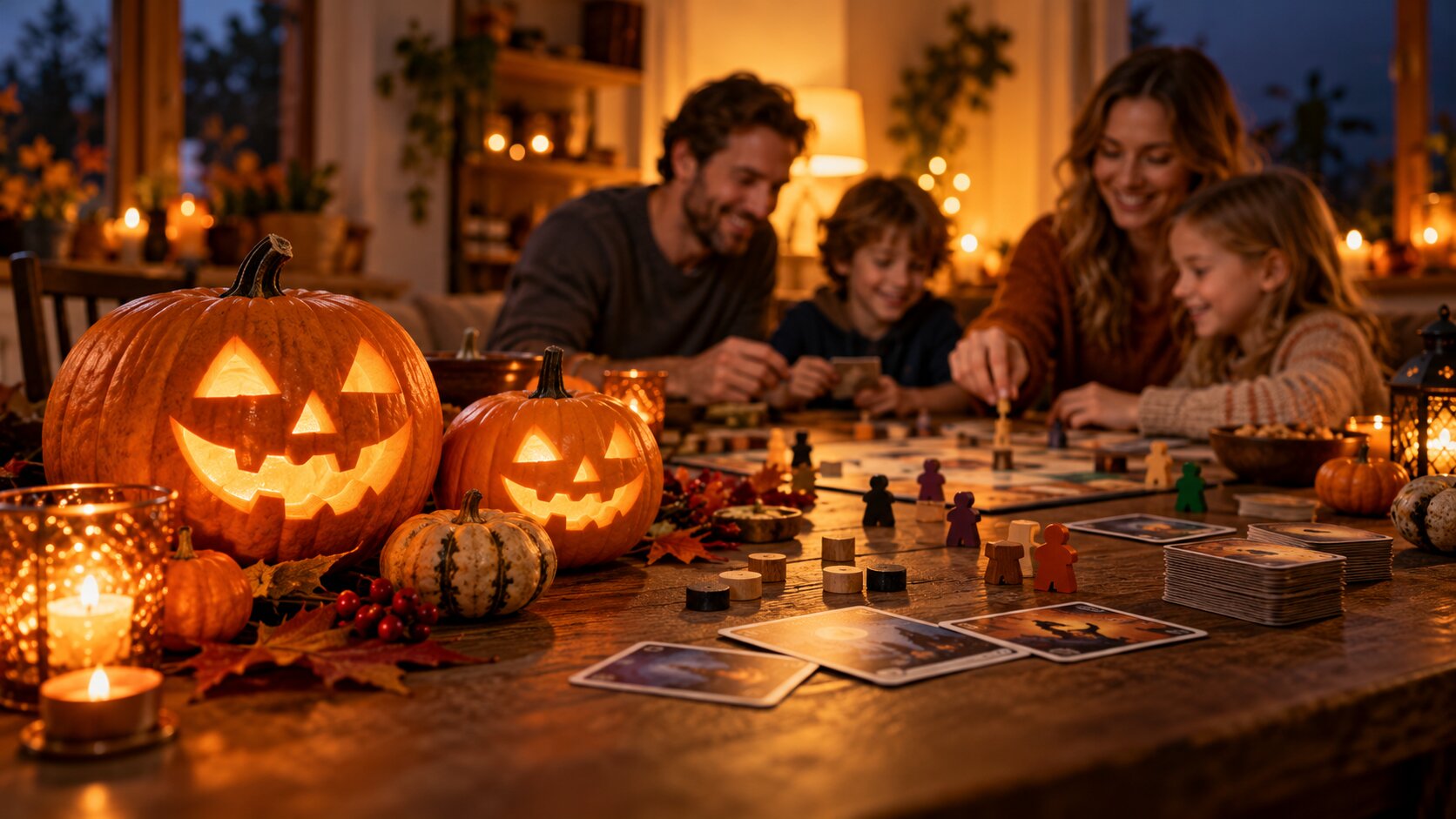 Ausgehöhlte Kürbisse mit Kerzenlicht neben Spielkarten und Holzfiguren auf einem dunklen Holztisch, Familie spielt am Abend (mit KI erzeugt)