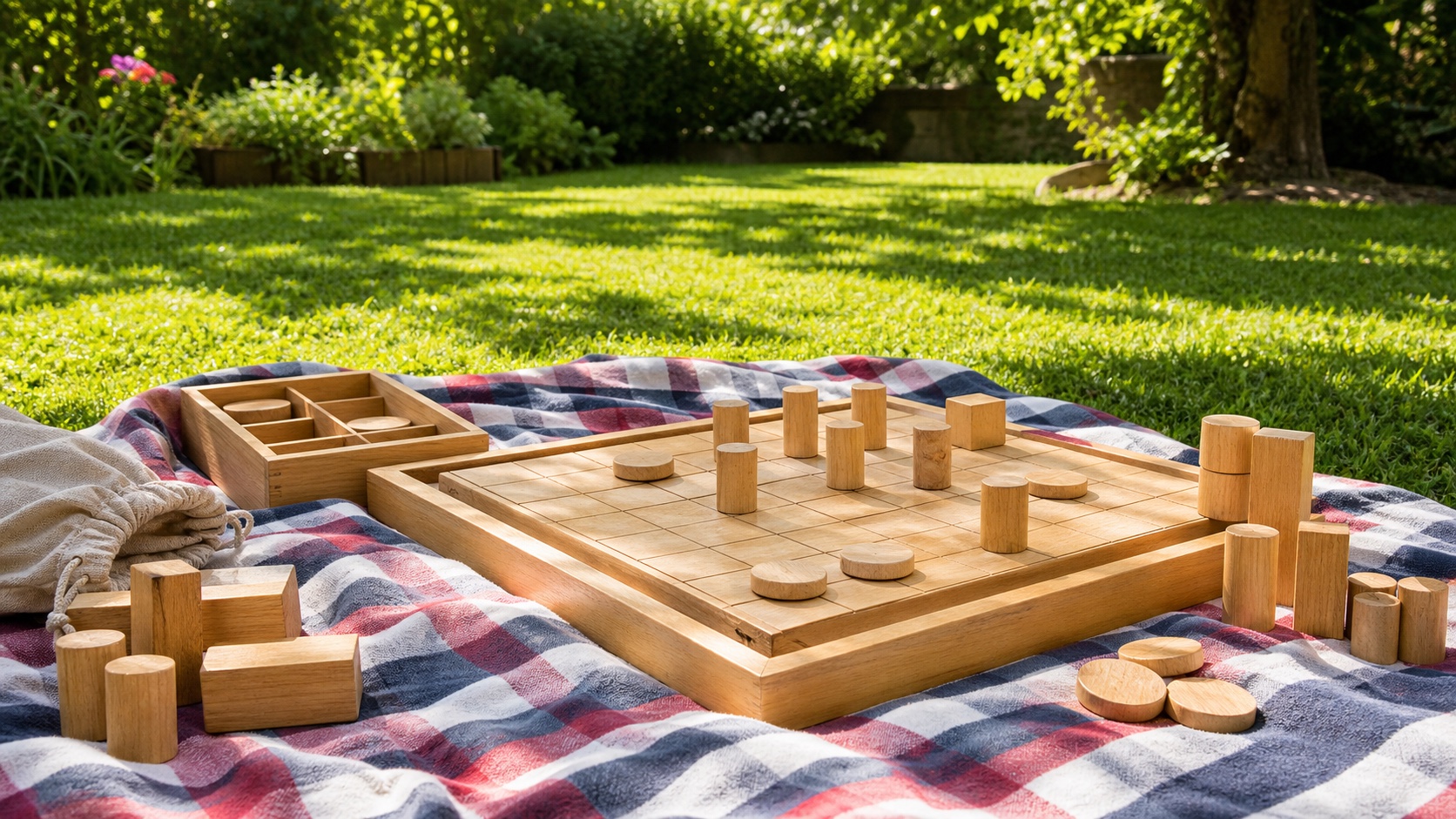 Robustes Spiel mit Holzteilen auf einer Picknickdecke im Garten, sonniges Sommerlicht und grüne Wiese
