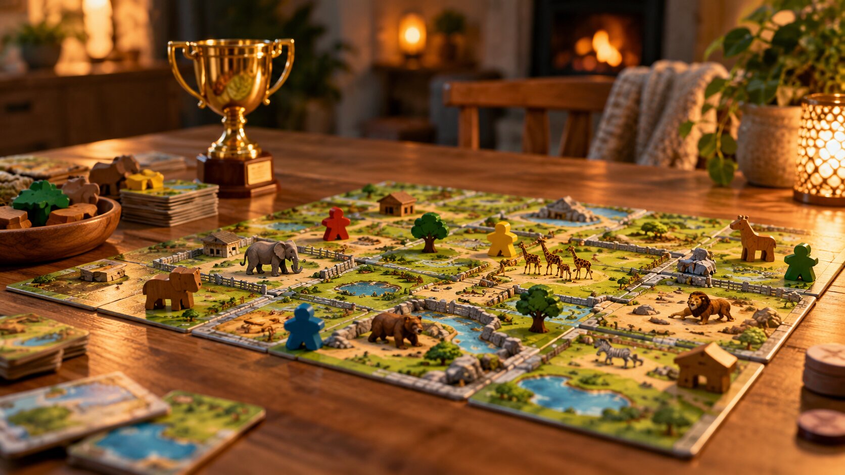 Holztisch mit einem aufgebauten Brettspiel aus bunten Tiergehege-Plättchen, daneben eine goldene Pokaltrophäe und kleine Holzfiguren, warmes Abendlicht (mit KI erzeugt)