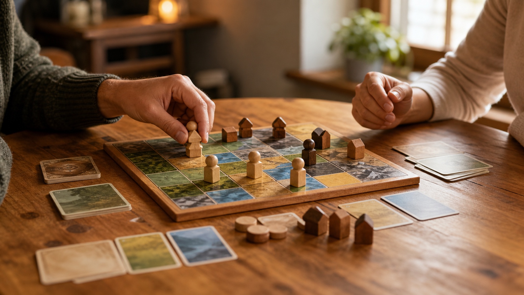 Zwei Personen spielen ein Brettspiel zu zweit an einem Tisch, Karten und Figuren in der Mitte, warmes Licht