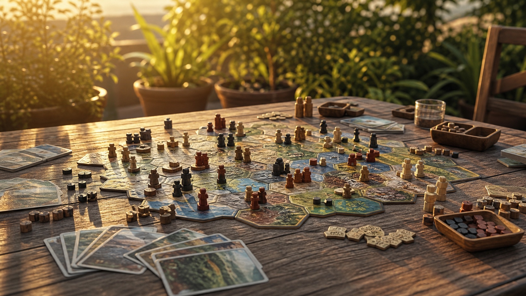 Anspruchsvolles Brettspiel mit Holzfiguren und Karten auf einem Tisch auf einer Terrasse in der Abendsonne