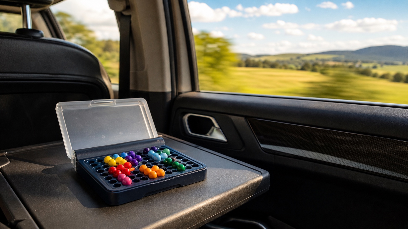 Kompaktes Reisespiel auf einer Ablage im Auto, im Hintergrund unscharf eine sommerliche Landschaft durch das Fenster
