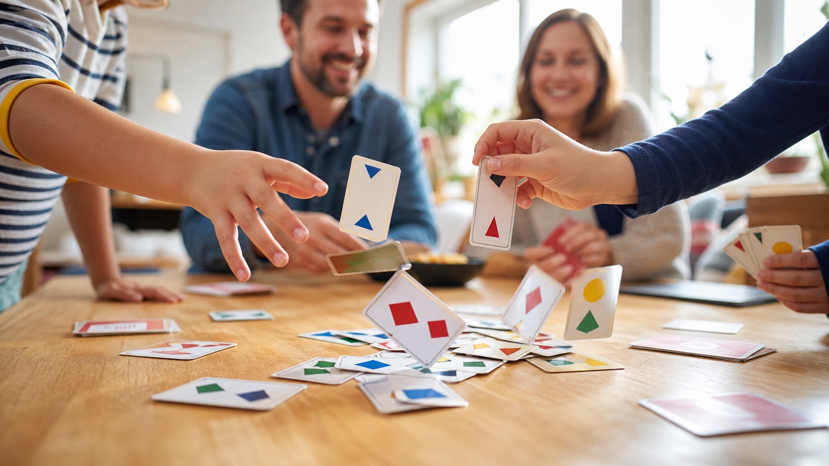 Kinderhände legen bunte Spielkarten auf einen hellen Tisch, fröhliche Familienspielszene bei Tageslicht