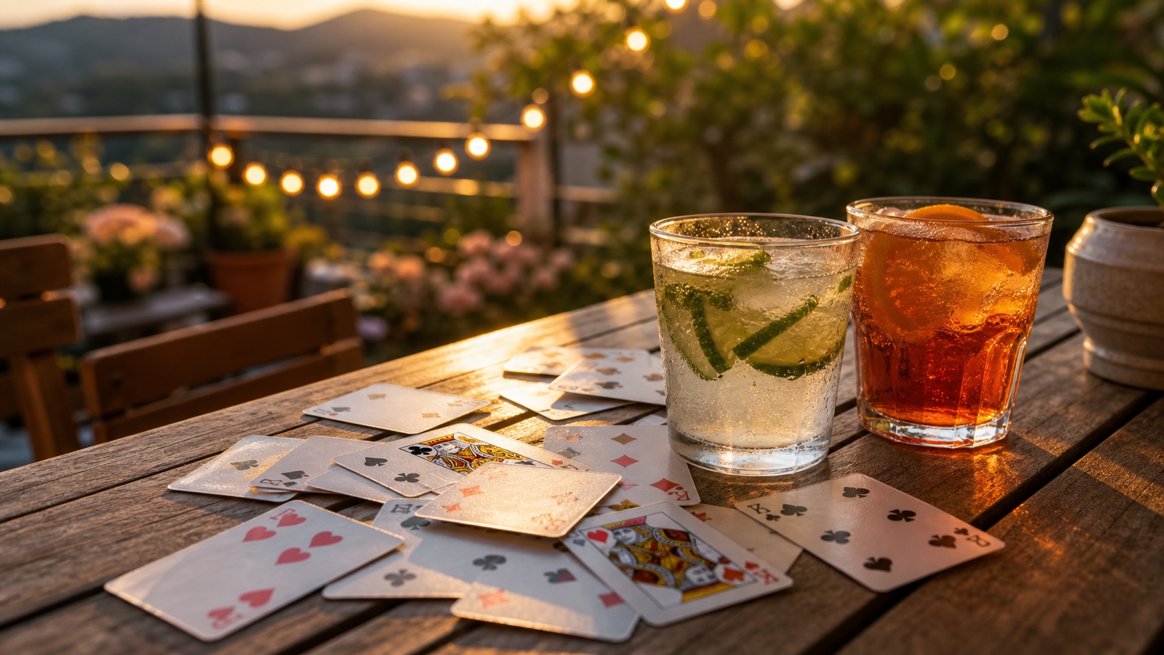 Spielkarten und zwei Getränke auf einem Tisch auf der Terrasse in der warmen Abendsonne, Lichterkette im Hintergrund