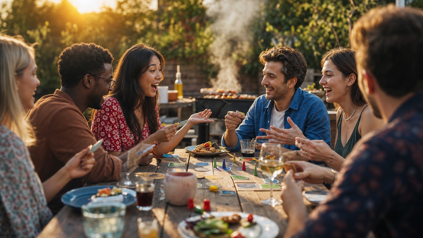 Fröhliche Gruppe spielt ein Partyspiel an einem langen Gartentisch bei einem Grillabend in der Abendsonne