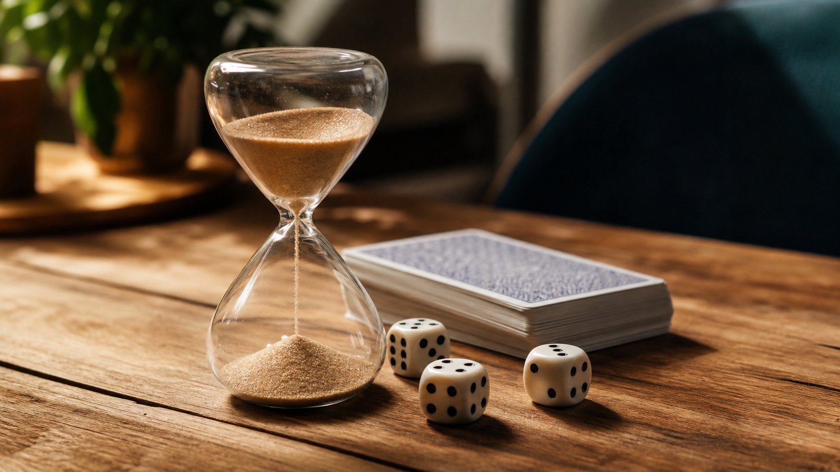 Eine Sanduhr neben einem kompakten Kartenspiel und Würfeln auf einem Holztisch, warmes Licht