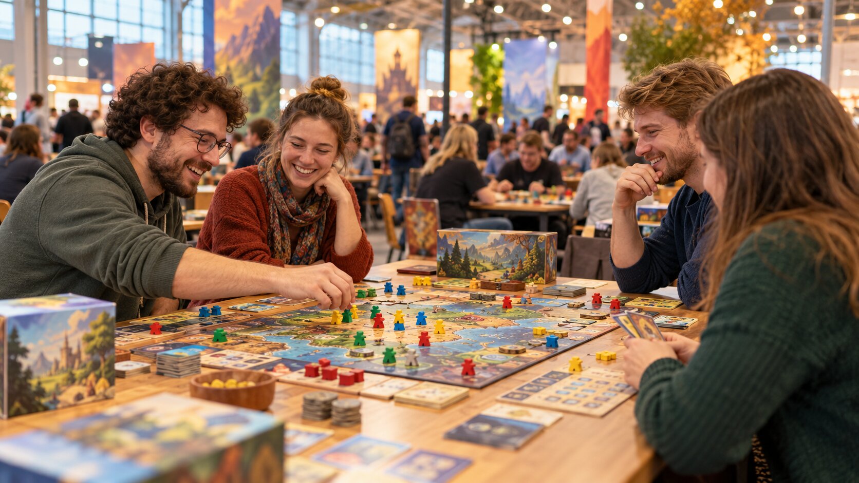 Belebte Messehalle mit langen Spieltischen, an denen Menschen neue Brettspiele ausprobieren, bunte Spielschachteln und Spielmaterial auf den Tischen, warmes Hallenlicht (mit KI erzeugt)