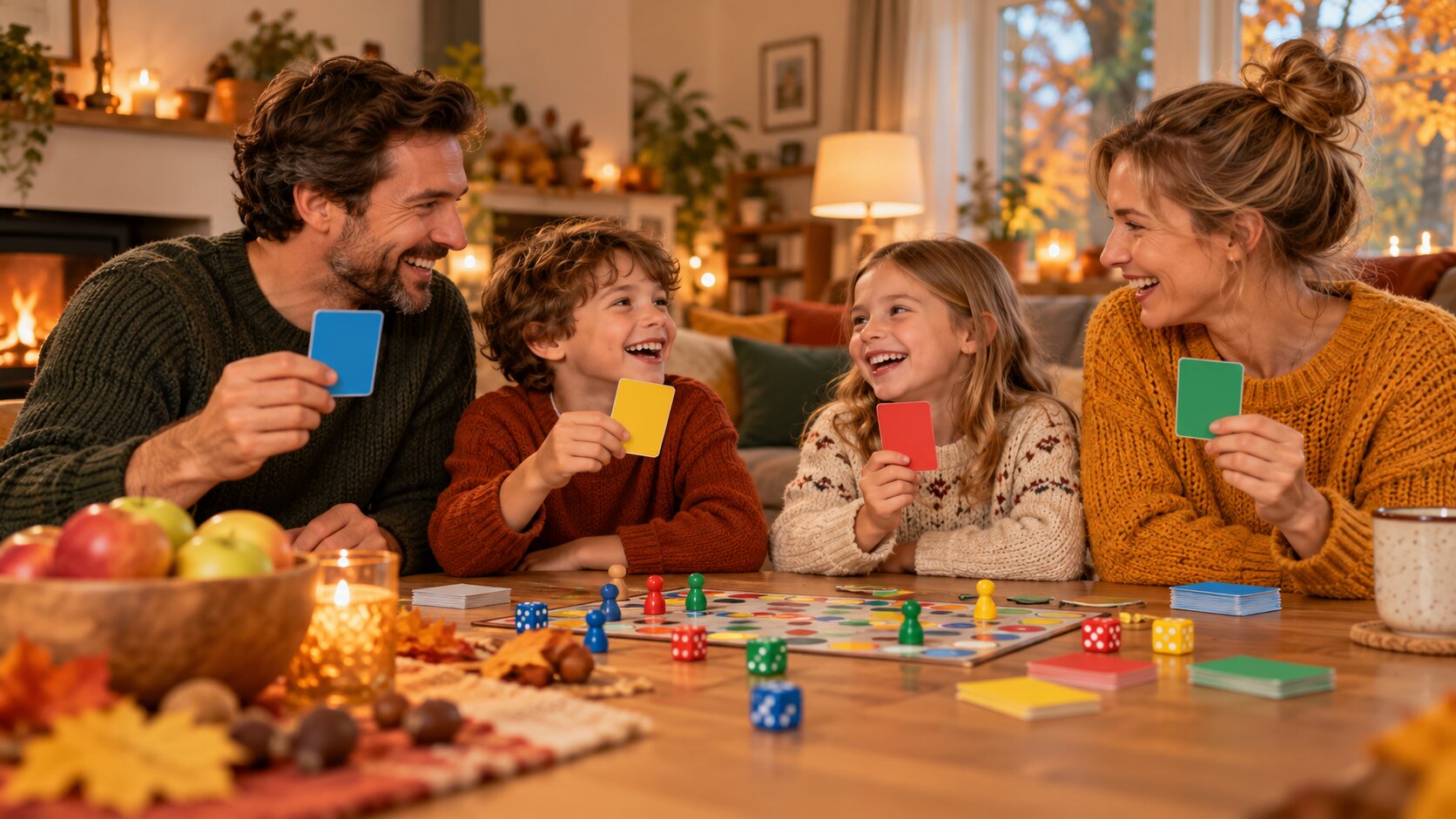 Familie am Wohnzimmertisch im Herbst, Kinder und Eltern lachen und halten bunte Quizkarten hoch, daneben Spielwürfel, Holzfiguren und eine Schale Äpfel, warmes Lampenlicht (mit KI erzeugt)