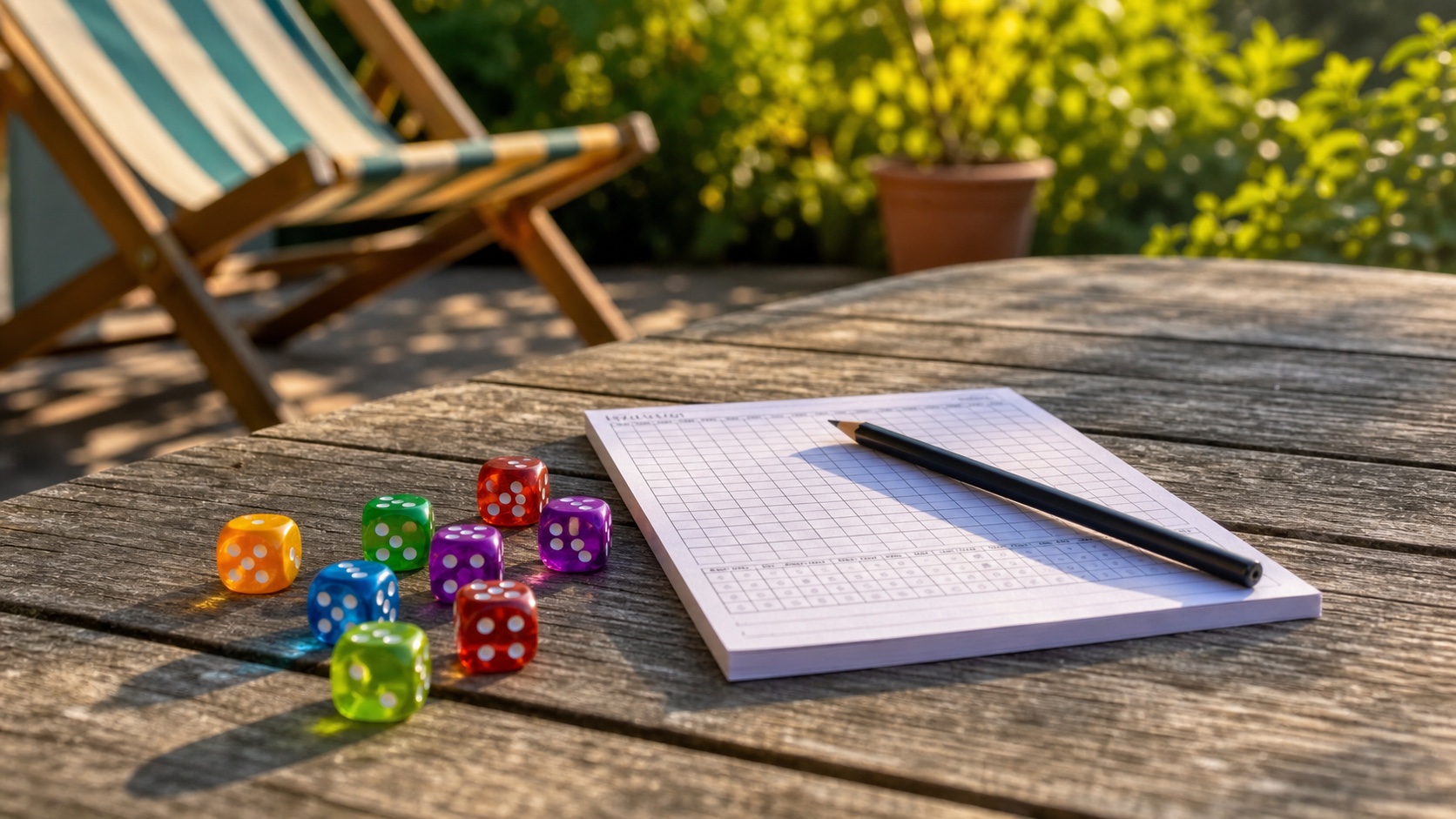 Bunte Würfel und ein Roll-and-Write-Block auf einem Holztisch im sonnigen Garten, im Hintergrund ein Liegestuhl